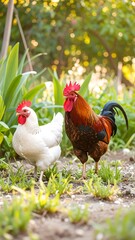 Fototapeta premium Rooster and hen in garden (1)