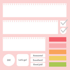 A vector set of message frames featuring perforated notebook-style papers and striped rectangular sticker labels. Ideal for notes, planning, or casual layouts.