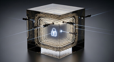 Encrypted data cube with glowing lock icon to protect digital information