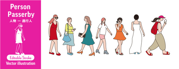 様々な女性の人物イラスト,カジュアルな女性キャラクターのベクター素材,歩く人々のイラスト（ファッション・通行人,ビジネス・ライフスタイル,編集可能）