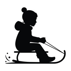 Black silhouette of a child wearing a hat and jacket sledding down a hill vector