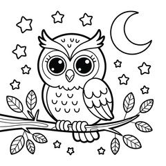 Black and white line art illustration of a cute owl sitting on a branch with stars and a crescent moon