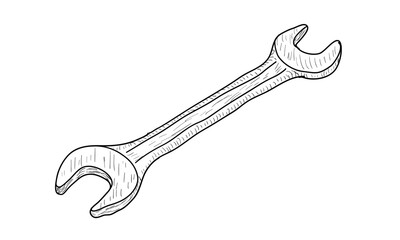 Black and white illustration of a metal wrench tool, used for tightening bolts.
