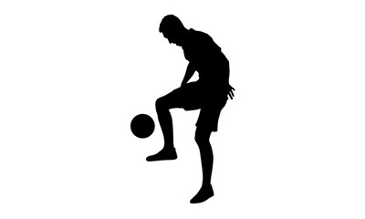 Black silhouette of a male soccer player practicing and juggling a football with his knee against a white background.
