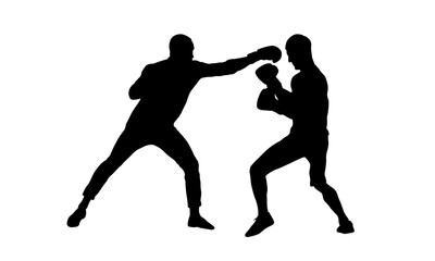 A black silhouette of two boxers engaged in a fight, with one throwing a punch at the other against a plain white background.