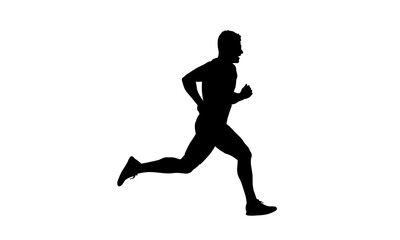 Silhouette of a man running, captured in a dynamic pose against a white background, emphasizing movement and athleticism.