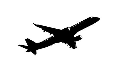 Silhouette of a passenger airplane taking off against a white background.