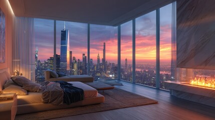 Luxury penthouse bedroom with NYC skyline view at sunset