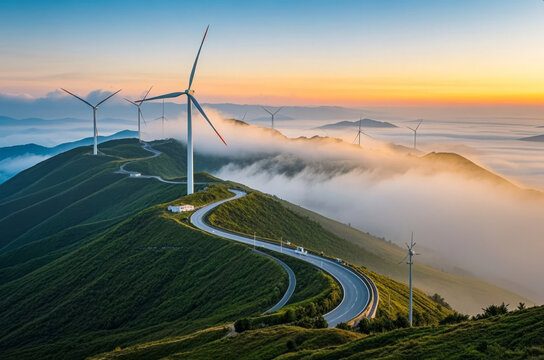 Wind Power Generation with New and Green Energy at Sunset for an Eco-friendly Technology Background