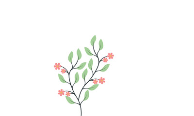 A minimalist illustration of a delicate plant branch with green leaves and small pink flowers on a white background.