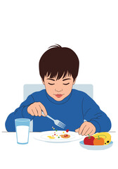 Young boy happily eating nutritious breakfast with milk and fresh fruit at home