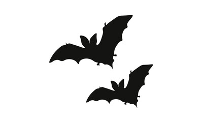 Two black bat silhouettes flying against a white background, suitable for Halloween or spooky themes and decorations.