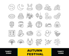 Autumn Festival Icons Set Moon Cakes Lanterns Rabbit Dragon Fan and Traditional Symbols moon festival