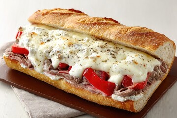 A long, open-faced sandwich, filled with sliced roast beef, red peppers, and a creamy white cheese sauce, topped with more cheese and seasonings