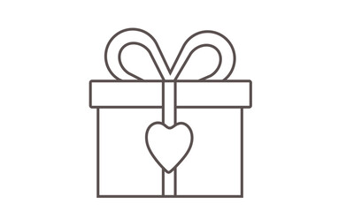 Simple line art illustration of a gift box tied with a ribbon bow and a heart-shaped tag, a vector icon symbolizing love and celebration