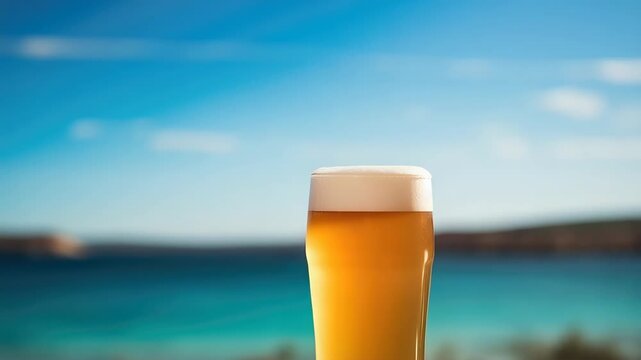 Tall glass of golden ale with foamy head, refreshing drink on sunny coastal background with blue sky and calm sea.