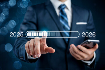 Businessman navigates technological progress towards the future year 2026 from 2025 with digital interface
