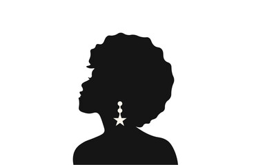 Minimalist profile silhouette of a stylish woman with a lush afro, adorned with a dangling star earring representing celestial beauty