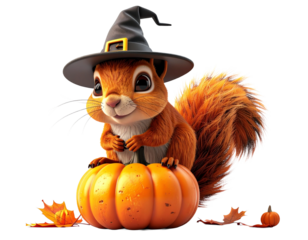 Cute 3D cartoon squirrel wearing a witch hat and sitting on a Halloween pumpkin with fall leaves.