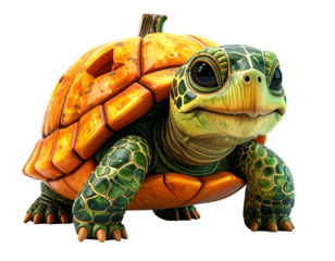 Cute 3D cartoon turtle with a jack-o'-lantern pumpkin shell for Halloween.