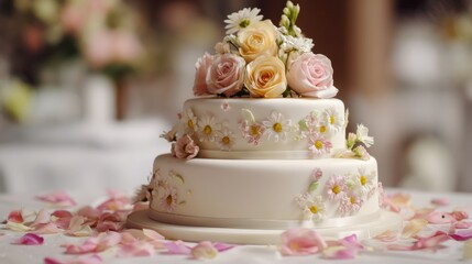 Beautiful three-tiered wedding cake, smooth fondant base, detailed floral design with roses and daisies, petals scattered for extra charm