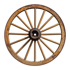 Old antique wooden wagon wheel, isolated on a white background, representing rustic country history and transportation