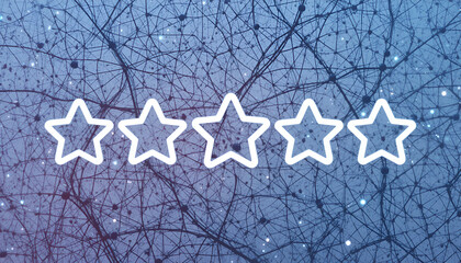 Five white star icons arranged horizontally, glowing against a dark blue and purple abstract network or constellation background, representing a rating or review system