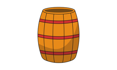 Illustration of a wooden barrel with red bands, commonly used for storage.