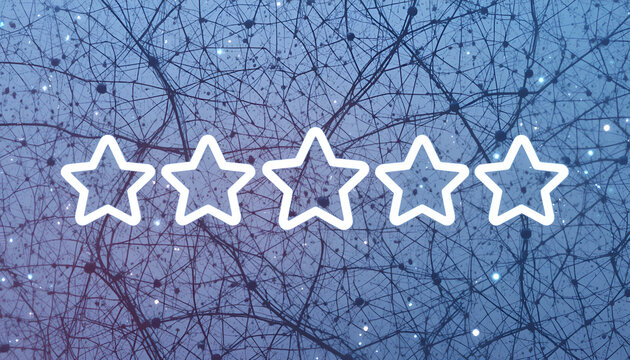 Five white star icons arranged horizontally, glowing against a dark blue and purple abstract network or constellation background, representing a rating or review system
