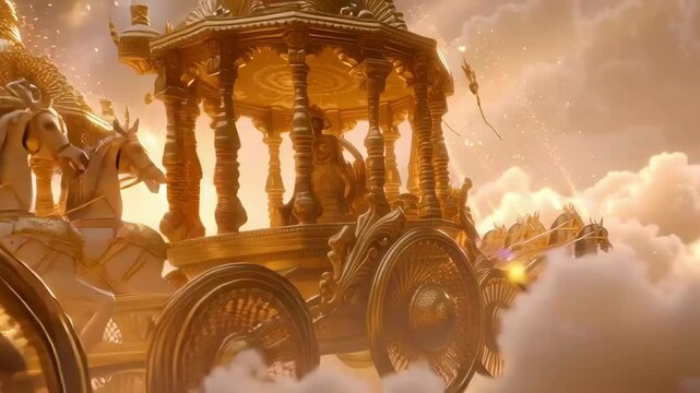Golden Celestial Chariot Flying Through Divine Clouds