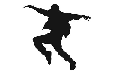 Silhouette of a person mid-jump, arms outstretched.