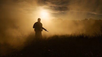 Silhouette Gunman in Dusty Field under Setting Sun