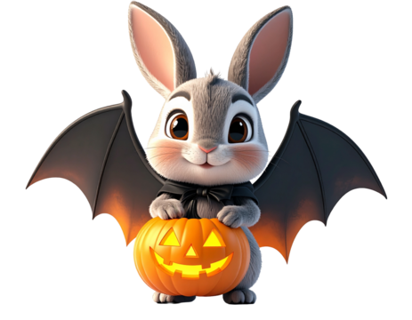 Cute 3D cartoon rabbit wearing bat wings and holding a glowing Halloween pumpkin lantern.