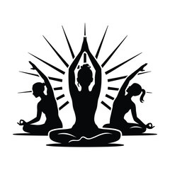 Black silhouette of three women in yoga poses with radiating lines meditation