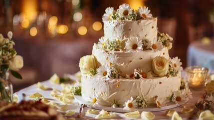 Fototapeta premium Stylish wedding cake with three tiers, decorated with white roses, daisies, and scattered rose petals, warm romantic lighting