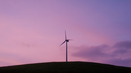 Obraz premium Tall wind turbine silhouetted against a serene sunset sky