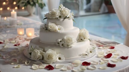 White fondant wedding cake with three tiers, topped with white roses and daisies, surrounded by scattered rose petals in a romantic setting