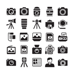 Collection of black camera and photography related icons on white background equipment digital camera