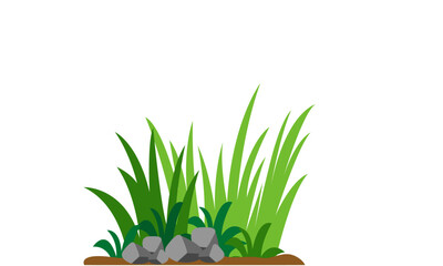 Illustration of a patch of green grass with rocks and a brown base against a white background.