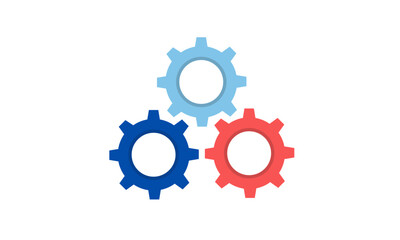 Three gears in blue, light blue, and red are interlocked on a white background.