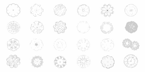 Collection of abstract circular floral and botanical patterns in grayscale top view