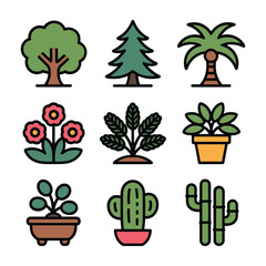 Nine colorful flat icons of trees and plants including a deciduous tree a pine tree a palm tree flowers a leafy plant a potted plant a bonsai tree a cactus and bamboo