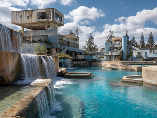 Naklejka premium Waterfall and Abandoned Building Scenery