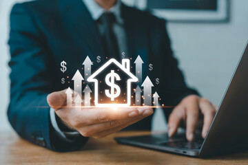Real estate investment growth digital display showing house icon with dollar sign and upward arrows
