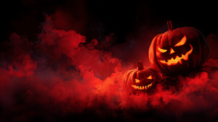 Two glowing jack-o'-lanterns emerge from eerie red fog, creating a spooky Halloween atmosphere