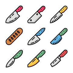 Nine colorful kitchen knife icons with varied blade and handle designs collection cooking