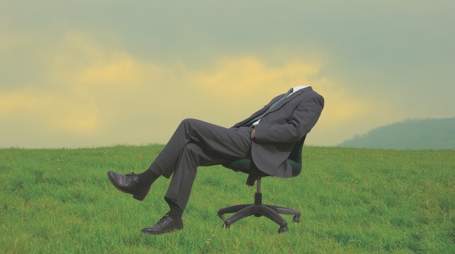 Invisible businessman is so tired of his work, he lost a head literally. Office worker sits on a chair in the middle of a hilly area symbolizing their complete burnout
