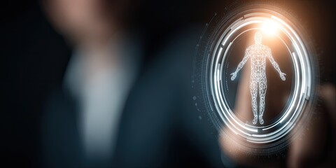 Digital human model displayed on a touch screen, with a blurred figure in the background