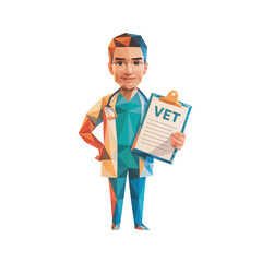 Young veterinarian holds a clipboard with vet certification in a colorful, geometric style illustration