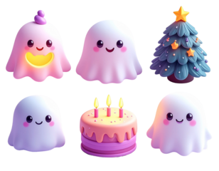Cute 3D rendered kawaii ghost characters, Christmas tree, and birthday cake clipart on black background.
